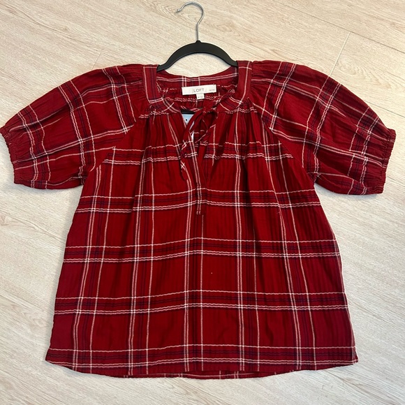 LOFT Plaid Tie Neck Puff Sleeve Top - Picture 4 of 8